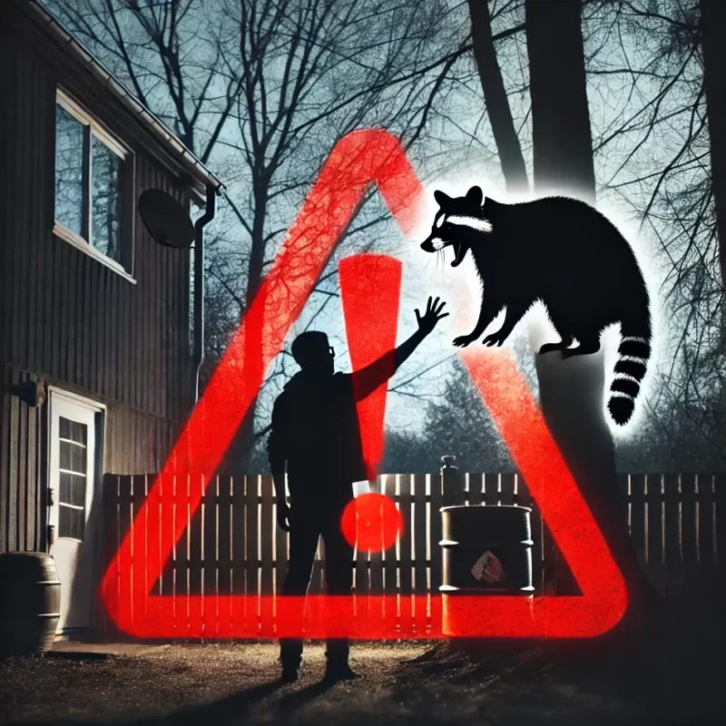 A silhouette of a person reaching out towards a wild raccoon with a large red warning sign overlaying the image.